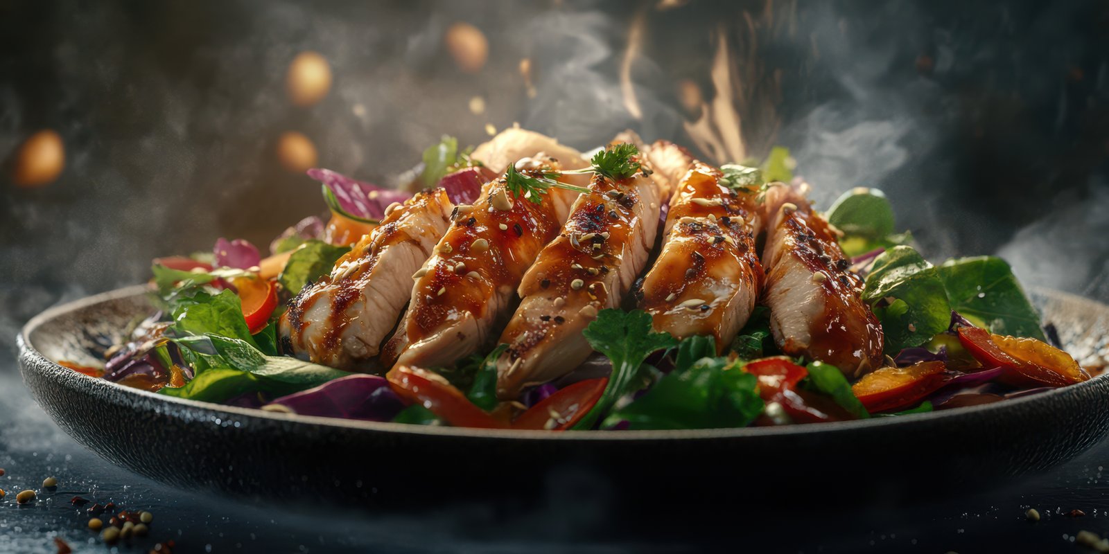 Grilled chicken served with fresh vegetables and smoky sauce in a vibrant culinary presentation